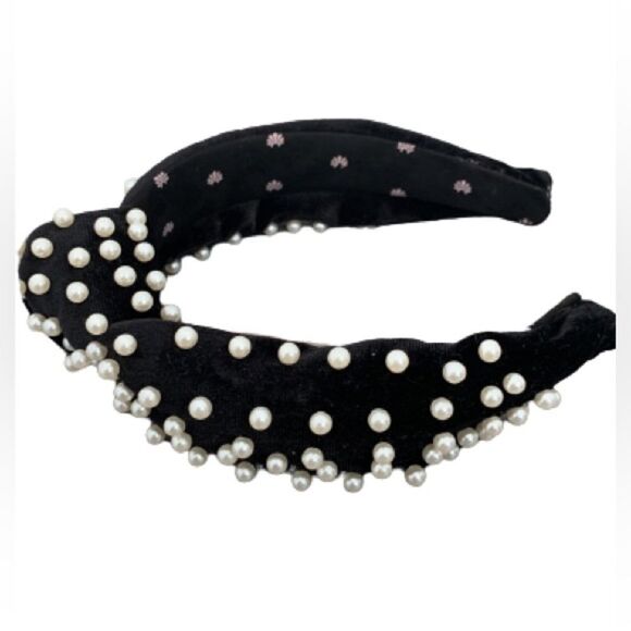 Lele Sadoughi Black Velvet Headband – Embellished with Faux Pearls - Picture 4 of 7